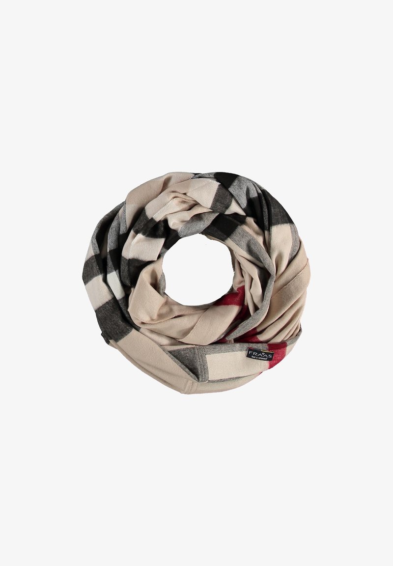 Écharpe circulaire en tissu doux à carreaux beige, noir, gris et rouge, avec une petite étiquette noire portant l'inscription « FRAS ».