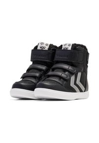 Sneakers alte nere con cinturini in velcro, tomaia testurizzata, accenti a zig zag grigi e suola bianca. Presentano un rivestimento morbido sul colletto.
