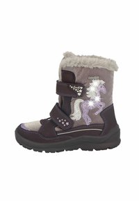 Fioletowe i szare dziecięce buty z rzepami, z futrzanym wykończeniem, motywem jednorożca, błyszczącymi akcentami oraz teksturowaną podeszwą.