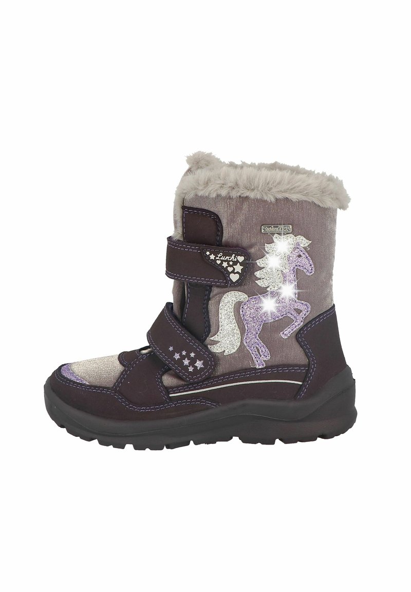 Fioletowe i szare dziecięce buty z rzepami, z futrzanym wykończeniem, motywem jednorożca, błyszczącymi akcentami oraz teksturowaną podeszwą.