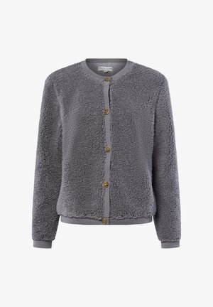 Szary polarowy cardigan z okrągłym dekoltem, z przodem zapinanym na guziki z złotymi akcentami oraz ściągaczami na mankietach i u dołu. Miękka, teksturowana powierzchnia.