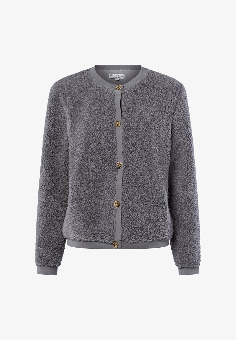 Szary polarowy cardigan z okrągłym dekoltem, z przodem zapinanym na guziki z złotymi akcentami oraz ściągaczami na mankietach i u dołu. Miękka, teksturowana powierzchnia.