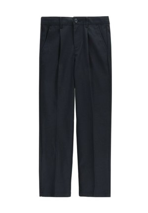 Czarne, proste, eleganckie spodnie z fałdami z przodu, bocznymi kieszeniami, szlufkami na pasek i zapięciem na guzik w pasie.