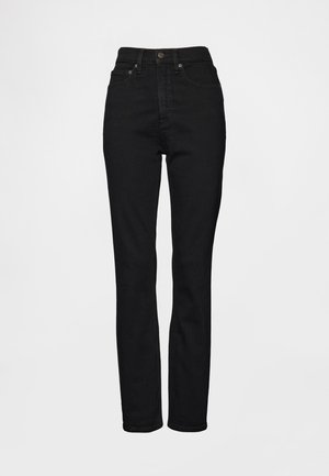 Mustad kõrge vöökohaga teksad sirge säärega, tehtud teksariidest, metallist nööbiga suletavad ja lihtsate õmblusdetailidega.