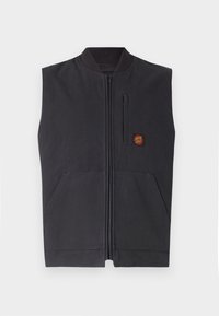 Black sleeveless vest with a zip front, ribbed collar, two front pockets, and a small embroidered logo on the chest. Smooth texture.