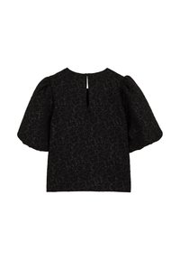 Blusa nera con motivo floreale testurizzato, maniche corte a sbuffo e chiusura a chiave sul retro. Realizzata in tessuto morbido con una finitura liscia.