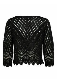Schwarzer, gestrickter, gekürzter Pullover mit gewelltem Saum und einem aufwendigen Lochmuster mit Chevron- und Punktdetails. Dreiviertelärmel.
