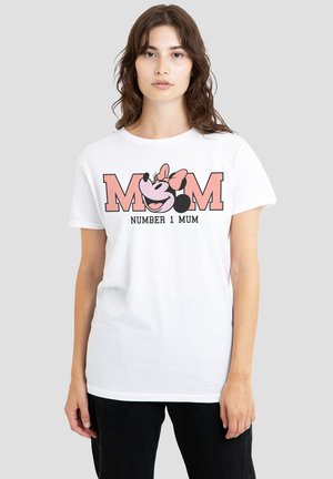 White short-sleeve t-shirt featuring "MOM" in pink and black, with a cartoon character graphic. Relaxed fit and lightweight cotton material.