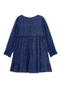 Marineblaues Kleid mit langen Ärmeln, weiß-rosa gepunktetem Muster, gerafftem Taillenbund und geschichtetem Rüschensaum. Reißverschluss hinten. Baumwollstoff.