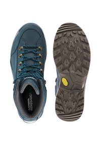 Scarpa da trekking blu realizzata con materiali in pelle e rete; presenta occhielli dorati, suola texturizzata e punta rinforzata per una maggiore durata.