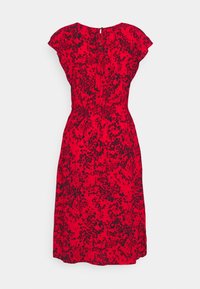 Abito rosso con motivo astratto nero, maniche a sbuffo corte, collo rotondo, vita affusolata, design al ginocchio e chiusura con apertura a chiave sul retro.
