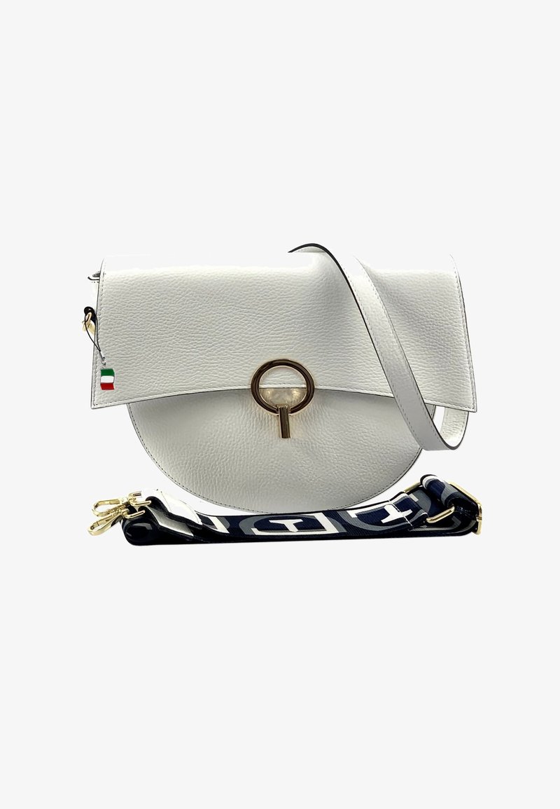 White leather handbag with a round shape, gold circular hardware, and a detachable navy strap featuring a logo pattern.