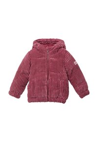 Plüschige, gerippte Stoffjacke in staubigem Rosaton mit Kapuze, durchgehendem Reißverschluss und elastischen Bündchen. Verfügt über Seitentaschen und dezente Markenkennzeichnung am Ärmel.