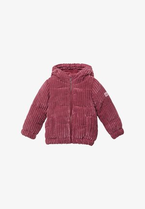 Giacca in tessuto plush a coste in rosa polveroso con cappuccio, chiusura a zip totale e polsini elasticizzati. Presenta tasche laterali e un logo discreto sulla manica.