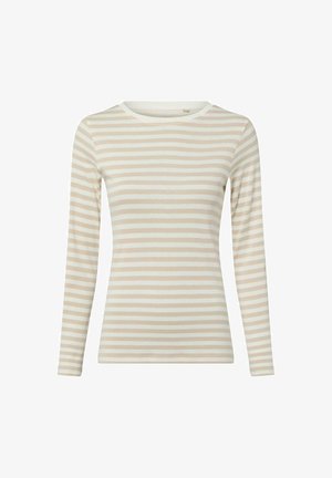 Długi rękaw top z miękkiego materiału z poziomymi beżowo-białymi paskami, okrągłym dekoltem i dopasowanym krojem.