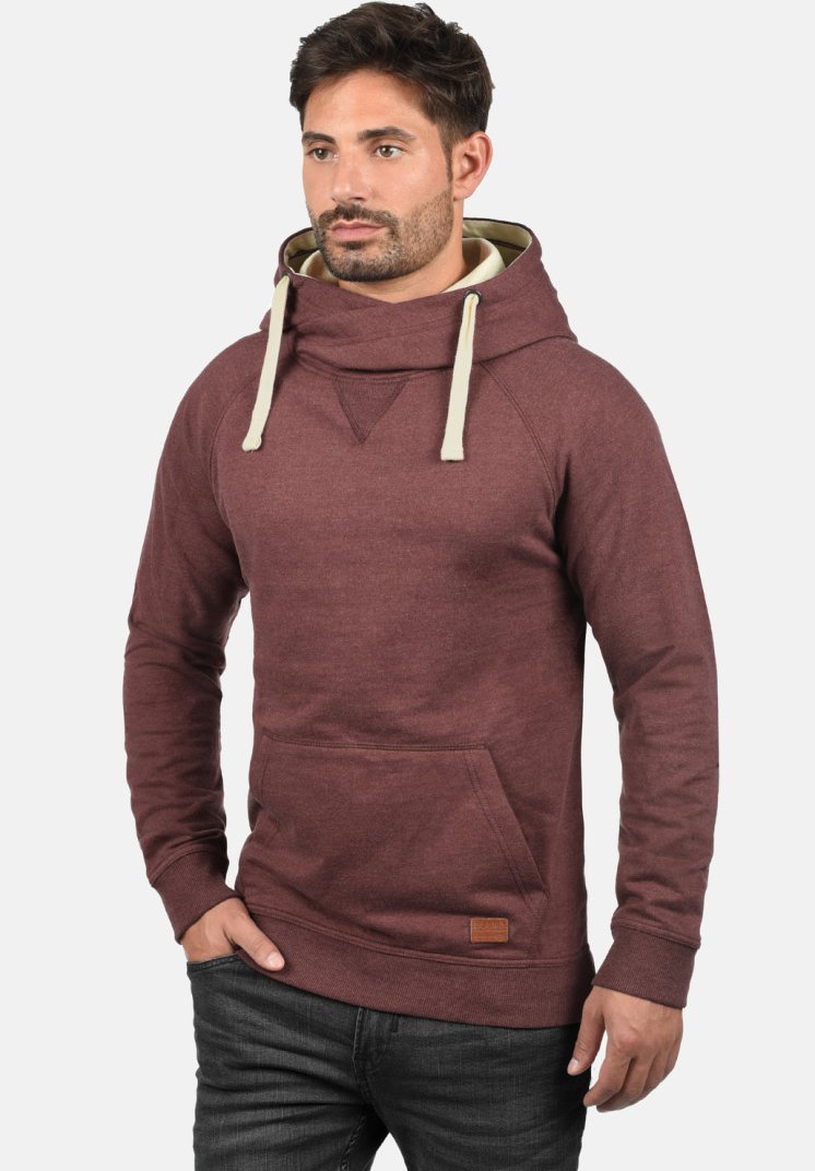Maroon hoodie with a large cowl neck, cream drawstrings, kangaroo pocket, and a textured finish. Features a small leather logo on the hem.