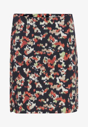 Melnu ziedu raksta zīmuli svārki ar sarkaniem, bēšiem un zaļiem toņiem; necaurspīdīgs audums ar gludu tekstūru. Aizmugurē slēgšana ar rāvējslēdzēju.