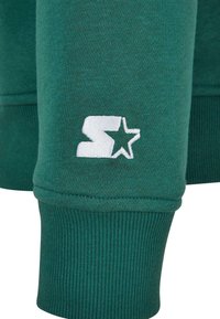 Zöld pulóver bordázott mandzsettával. Az ujjon fehér hímzett "S" és csillag logóval. Texturált anyag és sima felület.