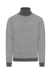 Grauer Rollkragenpullover aus strukturiertem Stoff mit einem geometrischen Muster. Rippbündchen und -saum, mit einer enganliegenden Silhouette.