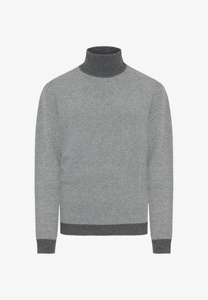 Maglione grigio a collo alto realizzato in tessuto testurizzato con un motivo geometrico. Polsini e orlo a coste, con una silhouette aderente.