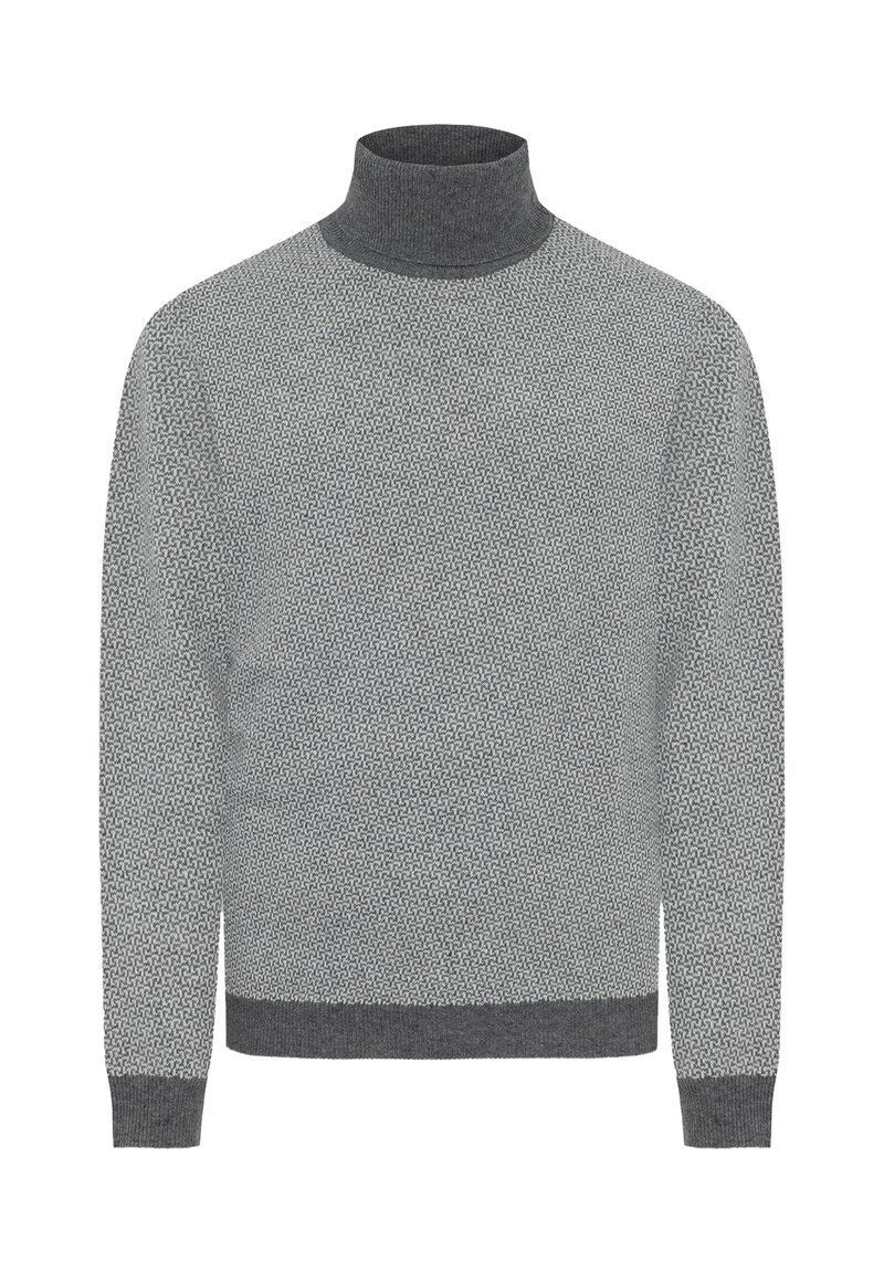 Grauer Rollkragenpullover aus strukturiertem Stoff mit einem geometrischen Muster. Rippbündchen und -saum, mit einer enganliegenden Silhouette.