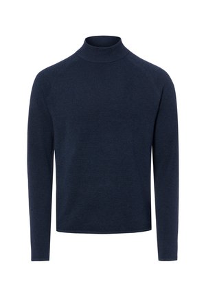 Donkerblauwe trui met lange mouwen, een gestructureerde brei en een hoge, ronde halslijn, getoond tegen een witte achtergrond.