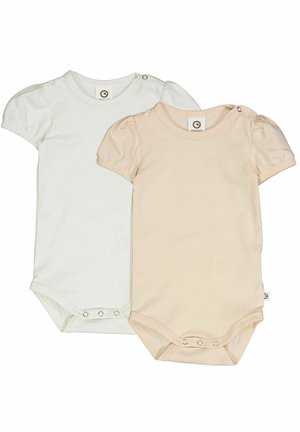 Due body in lycra a maniche corte: uno bianco e uno rosa chiaro. Realizzati in tessuto morbido con chiusure a scatto sul fondo e dettagli arricciati sulle maniche.