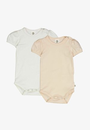 Twee korte mouw bodysuits: één in wit en één in lichtroze. Gemaakt van zachte stof met drukknopen aan de onderkant en gathers aan de mouwen.