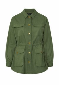 Olivinvihreä hyötytakki pitkillä hihoilla, edessä kultaiset nepparit, neljä läppätaskua ja elastinen vyötäröyksityiskohta.