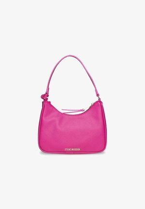 Růžová syntetická kabelka přes rameno s křivolakým tvarem, vybavená zipem, nastavitelným popruhem a zlatým logem ve spodní části.