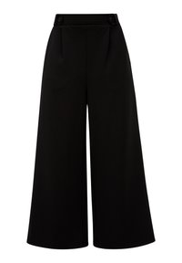 Pantaloni neri a gamba larga realizzati in tessuto morbido, con due pieghe frontali e dettagli con bottoni in vita alta. Design semplice e sartoriale.