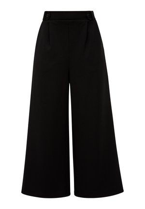 Schwarze, weit geschnittene Hose aus glattem Stoff, mit zwei vorderen Falten und Knopfakzenten an der hohen Taille. Schlichtes und tailliertes Design.