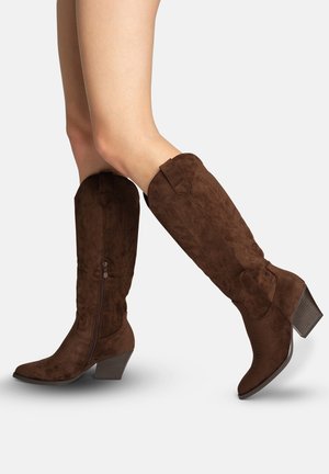 Botas altas hasta la rodilla de ante marrón con tacones bajos apilados y cremalleras laterales, usadas con las piernas cruzadas sobre un fondo neutro.