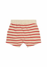 Pantalones cortos de algodón a rayas rojas y beige con una cintura elástica y un acabado suave y texturizado, que presentan un diseño casual adecuado para ropa de ocio.