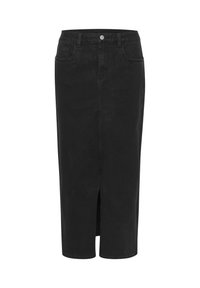 Black denim midi skirt with front slit, straight cut, five pockets, button closure, and belt loops. Soft texture and classic design.