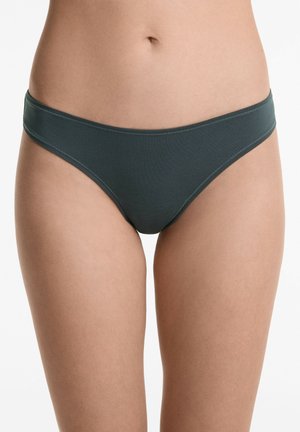 Ciemnoszare spodenki bikini wykonane z gładkiego, elastycznego materiału. Charakteryzują się niskim stanem oraz minimalną ilością szwów wokół pasa i brzegów.