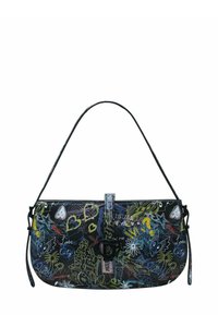 Geantă de umăr neagră, cu modele florale colorate și desene doodle. Accentuata cu un închizător în formă de inimă și o curea cu lungime ajustabilă.