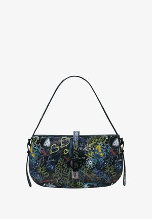 Fekete válltáska színes virág- és firka mintákkal. Szív alakú zár a kiegészítőjében és hossza állítható pántja van.