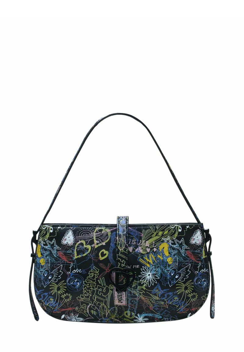 Geantă de umăr neagră, cu modele florale colorate și desene doodle. Accentuata cu un închizător în formă de inimă și o curea cu lungime ajustabilă.