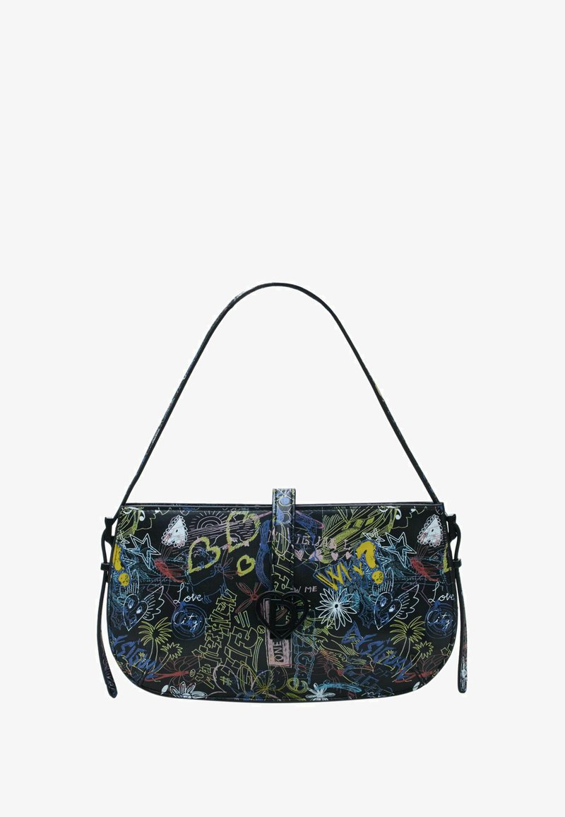 Geantă de umăr neagră, cu modele florale colorate și desene doodle. Accentuata cu un închizător în formă de inimă și o curea cu lungime ajustabilă.