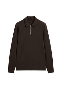 Mørkebrun langærmet polo-shirt med krave og en kort sølvlynlås i midten foran.