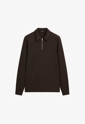 Dark brown long-sleeve polo shirt with a collar and a short silver zipper at the front center.