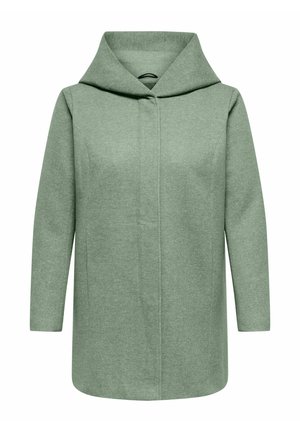 Grønn hettejakke laget av teksturert stoff, med lange, rette ermer, knappelukking foran og A-linjeformet design.