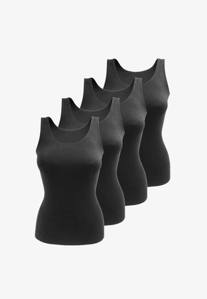 Quatre débardeurs noirs au design ajusté avec un col rond. Le tissu semble lisse et extensible, adapté à un usage décontracté.