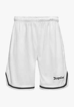 Balti sporta šorti ar melniem sānu svītrām un "Dropsize" logotipu. Izgatavoti no elpojoša auduma ar elastīgu jostu ērtībai.