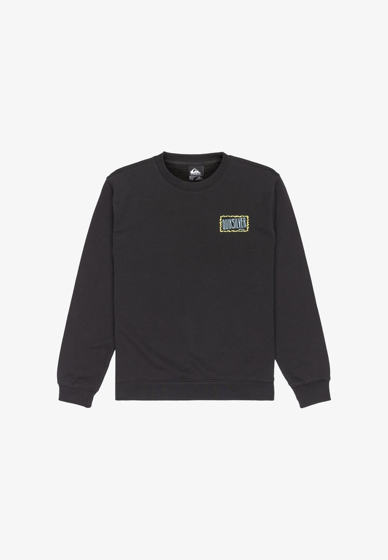 Sudadera negra con mangas largas, cuello redondo y un parche con logo en el lado izquierdo del pecho. Hecha de una tela suave y texturizada.