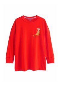 Tricou roșu cu mânecă lungă, din bumbac, cu o croială lejeră, având un grafic cu leopard în zona frontală a pieptului. Tivul este ușor curbat.