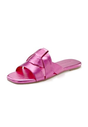 Pink metallic slide sandal featuring crisscross straps and a flat, open-toe design. Smooth texture with a shiny finish and minimalistic shape.