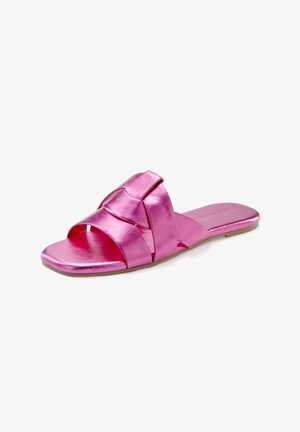 Pink metallic slide sandal featuring crisscross straps and a flat, open-toe design. Smooth texture with a shiny finish and minimalistic shape.