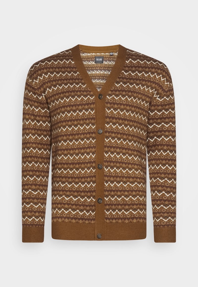 Cárdigan marrón con estampado que presenta un escote en V, cierre de botones y punto texturizado con diseños diagonales y en zigzag en crema y marrón más oscuro.